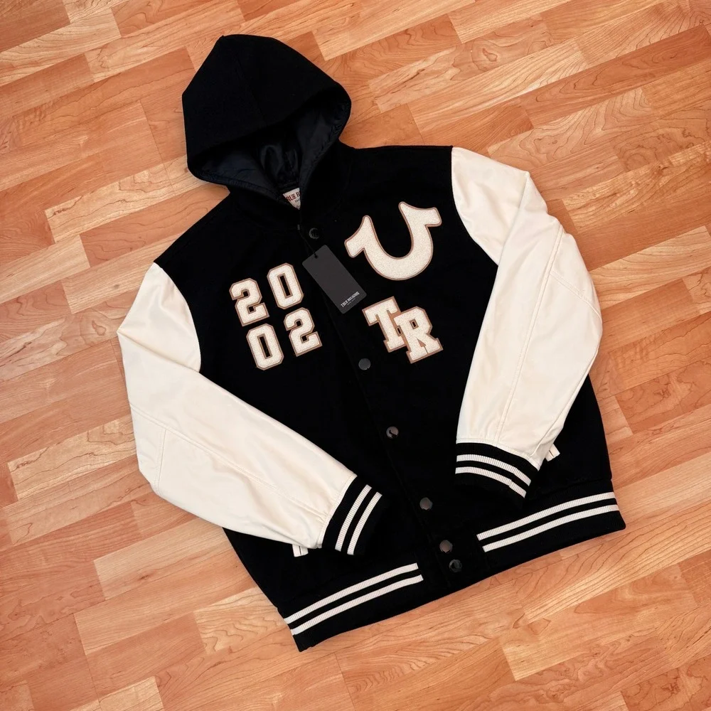 True Religion Mens NEW Varsity Jacket Jet Black White Letterman 108284 L